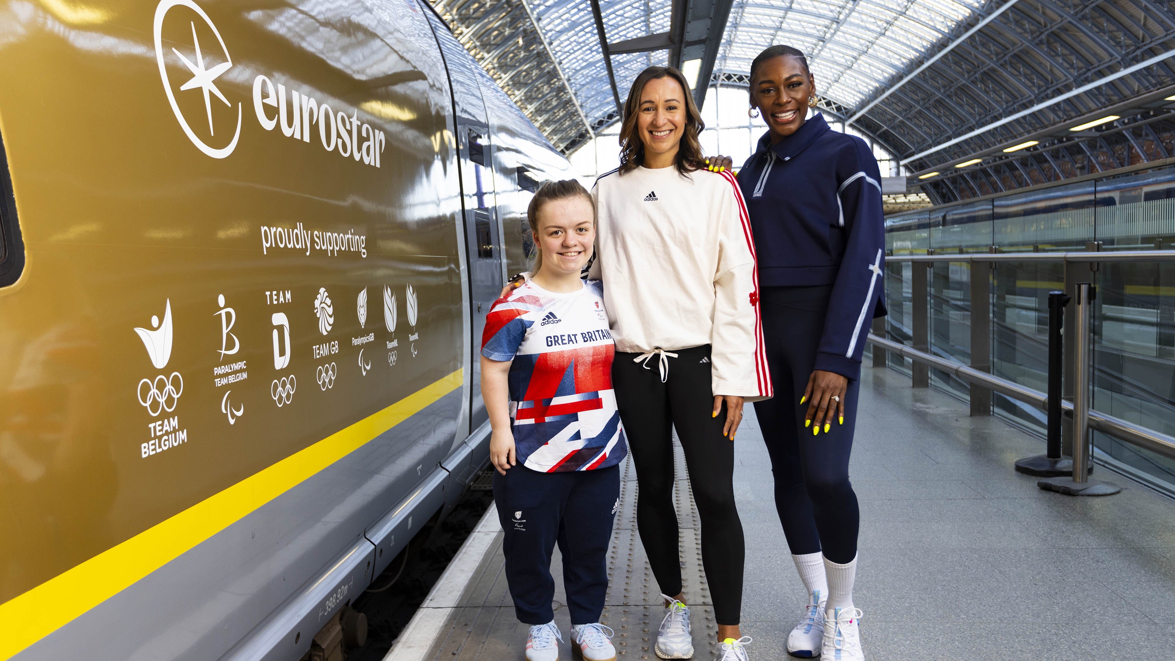 (Left to right) Paralympic and Olympic gold medallists, Maisie Summers-Newton and Dame Jessica Ennis-Hill, and former Team GB athlete Perri Shakes-Drayton attend the unveiling of Eurostar’s first ever Golden Train at St Pancras International Station