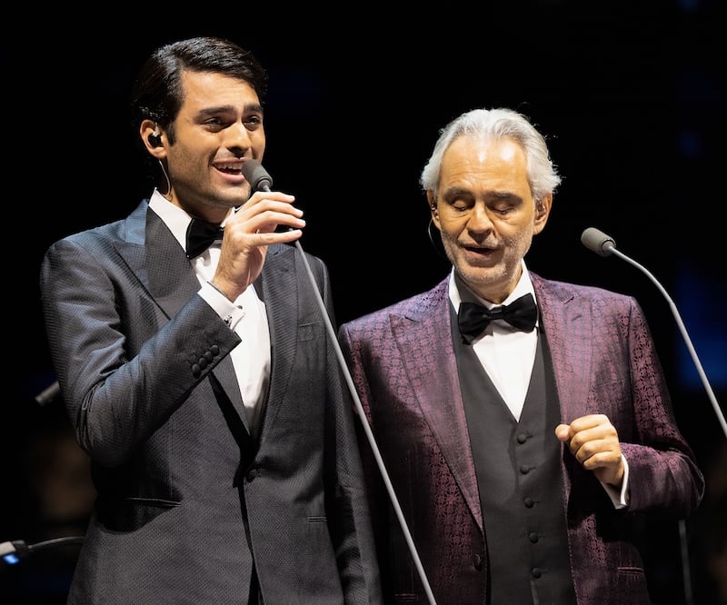 Italian tenor Andrea Bocelli and his son Matteo Bocelli perform together at the O2 Arena