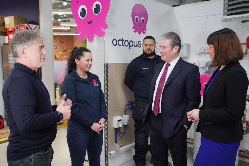 Octopus Energy boss Greg Jackson (left) seen here with Prime Minister Sir Keir Starmer (second right) and Chancellor Rachel Reeves (right) said the new govenrment ha dmade a ‘good start’ but called for action to improve connections to the National Grid.