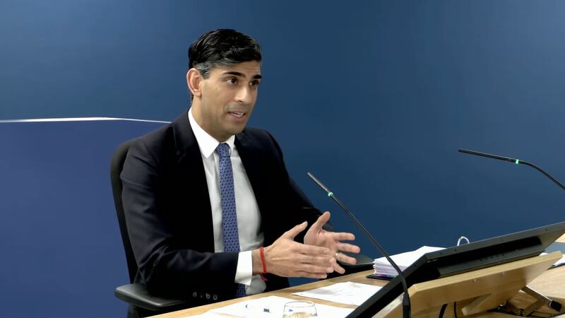 Screen grab from the UK Covid-19 Inquiry live stream of Prime Minister Rishi Sunak giving evidence at Dorland House in London