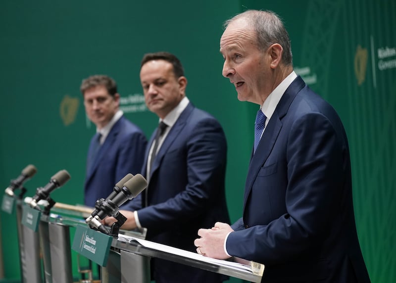 The then-leaders of the Greens, Fine Gael and Fianna Fail Eamon Ryan, Leo Varadkar and Micheal Martin