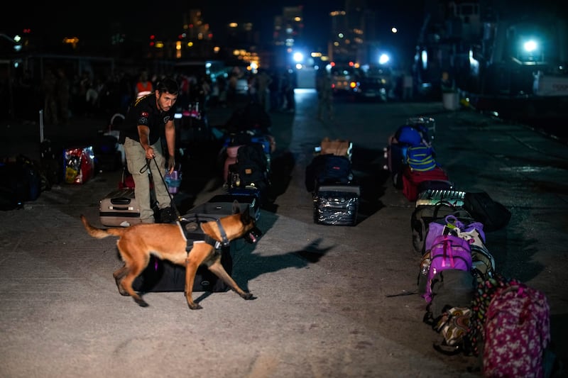 An explosives detection dog inspects luggage of Turkish citizens being prepared to be evacuated