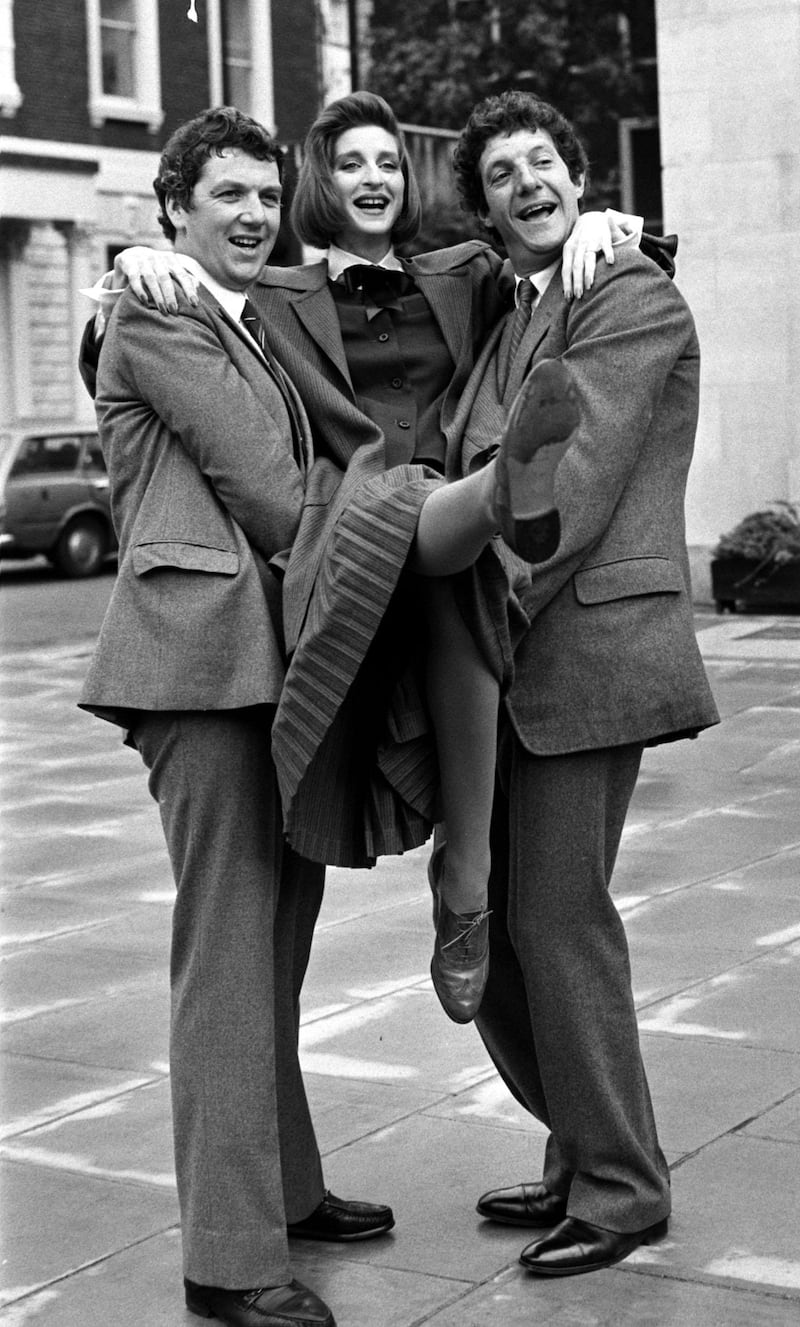 Model Michelle Paradise with That’s Life! presenters Paul Heiney (left) and Chris Serle in London