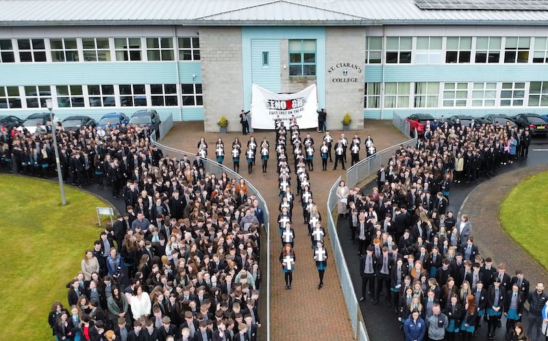 Pupils at St Ciaran’s College in Ballygawley launch a campaign relating to deaths on the A5 Road.
PICTURE COLM LENAGHAN