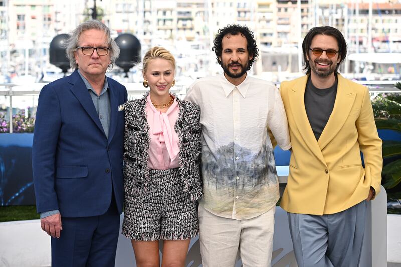 Martin Donovan, Maria Bakalova, Ali Abbasi and Sebastian Stan attend “The Apprentice” photocall during the 77th Cannes Film Festival