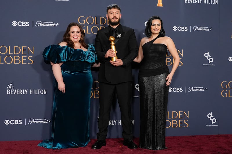 Jessica Gunning, Richard Gadd and Nava Mau after Baby Reindeer’s wins at the Golden Globes (Chris Pizzello/AP)