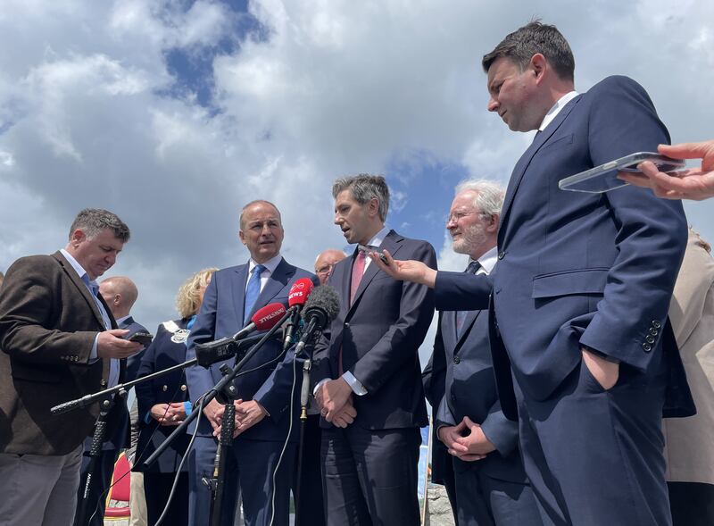 Tanaiste Micheal Martin and Taoiseach Simon Harris visit Omeath in Co Louth to announce the start of construction of the Narrow Water Bridge cross-border project