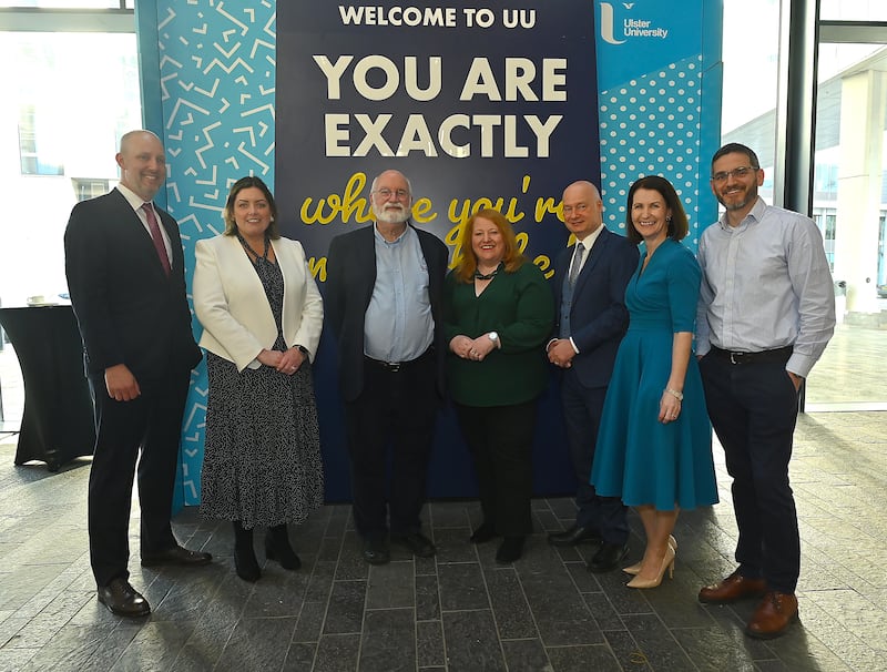 US Consul General James Applegate, Economy Minister Deirdre Hegarty, Founder of Homeboy Industries Fr Gregory Boyle, Justice Minister Naomi Long, Ulster University Vice Chancellor Paul Bartholomew, Ulster University Provost Cathey Gormley-Heenan and Director of The Turnaround Project Richard Good