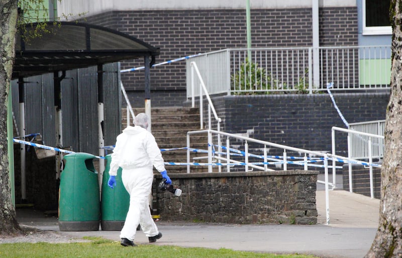 Forensic investigators at Amman Valley School in Ammanford, Carmarthenshire, in April