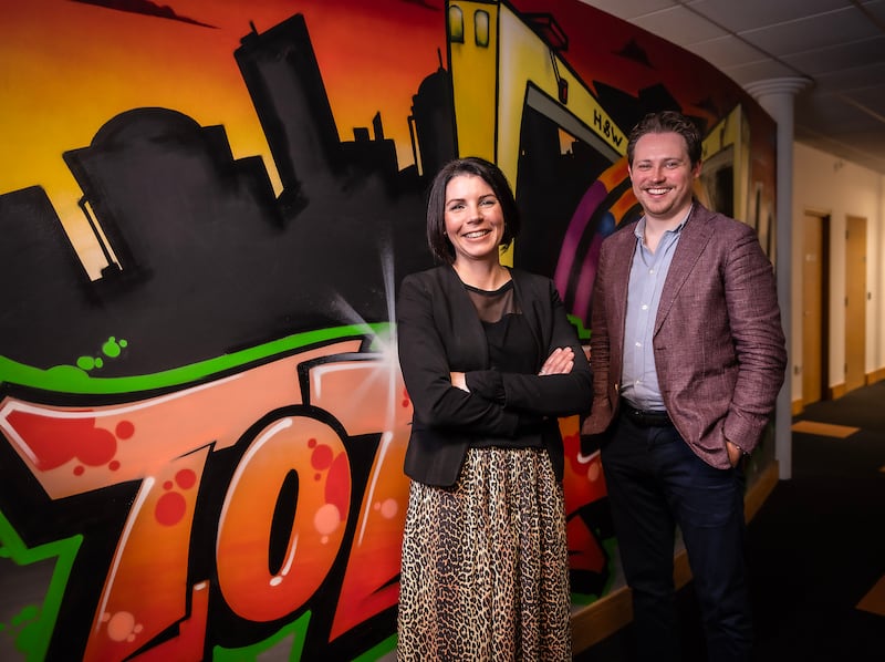 Simon McIntyre, marketing director at Totalmobile and Aisléan Nicholson, lead partner for Fast 50 at Deloitte NI pictured at Totalmobile’s offices in Belfast.