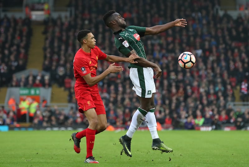 Slew (right) was part of the Plymouth side that drew 0-0 at Liverpool in the FA Cup third round in 2017