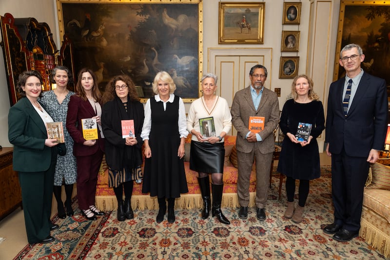 (left to right) Yael van der Wouden, Gaby Wood, Rachel Kushner, Anne Michaels, the Queen, Charlotte Wood, Percival Everett, Samantha Harvey, and Edmund de Waal