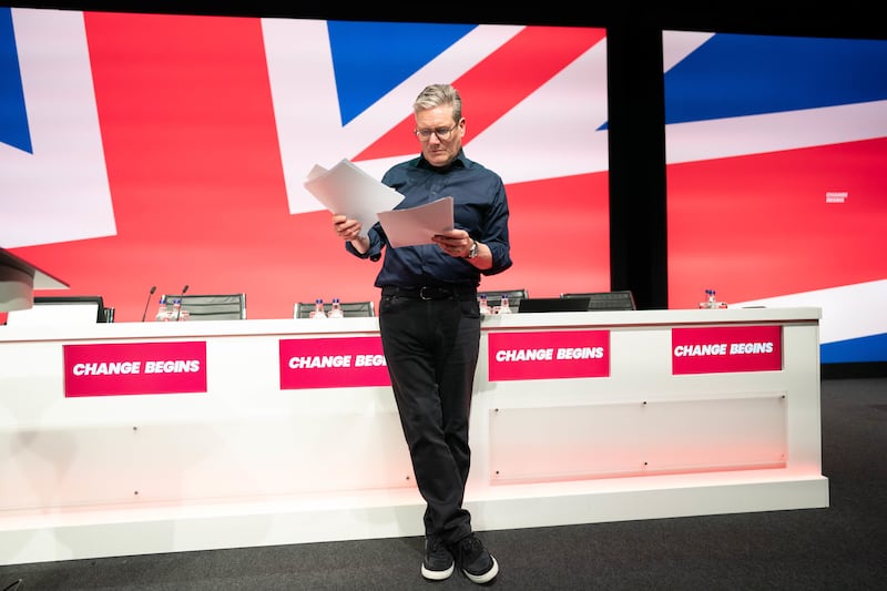 Prime Minister Sir Keir Starmer rehearses his keynote speech