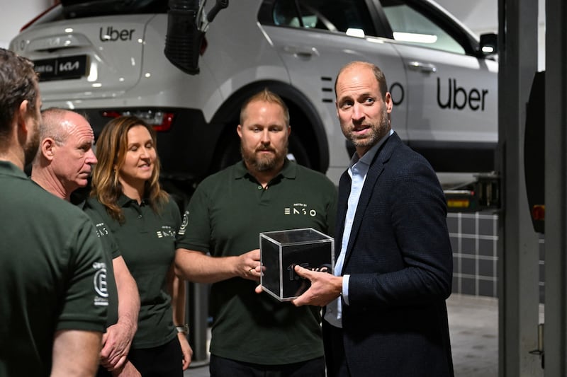 The Prince of Wales talking to workers during a visit to the 2023 Earthshot Prize Finalist, ENSO, in Brentford, west London, as they announce a pioneering new strategic partnership with Uber across the UK and USA. The London-based start-up, which was a Finalist in the 2023 “Clean Our Air” category, creates tyres specifically designed for electric vehicles that are more sustainable and reduce harmful tyre pollution, leading to cleaner air for everyone. Picture date: Tuesday October 1, 2024. PA Photo. See PA story ROYAL Earthshot. Photo credit should read: Chris J Ratcliffe/PA Wire