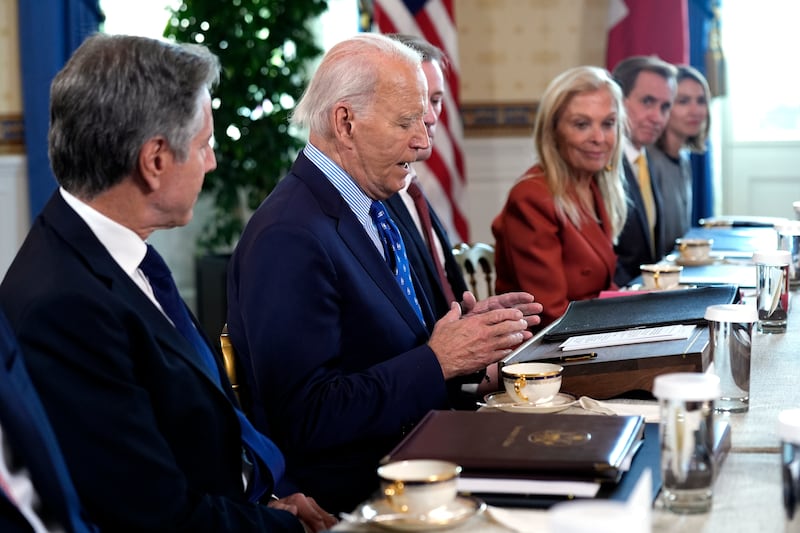 Joe Biden, second left, said ‘I don’t think much about Vladimir Putin’ when asked about the Russian president’s threat of war (Manuel Balce Ceneta/AP)