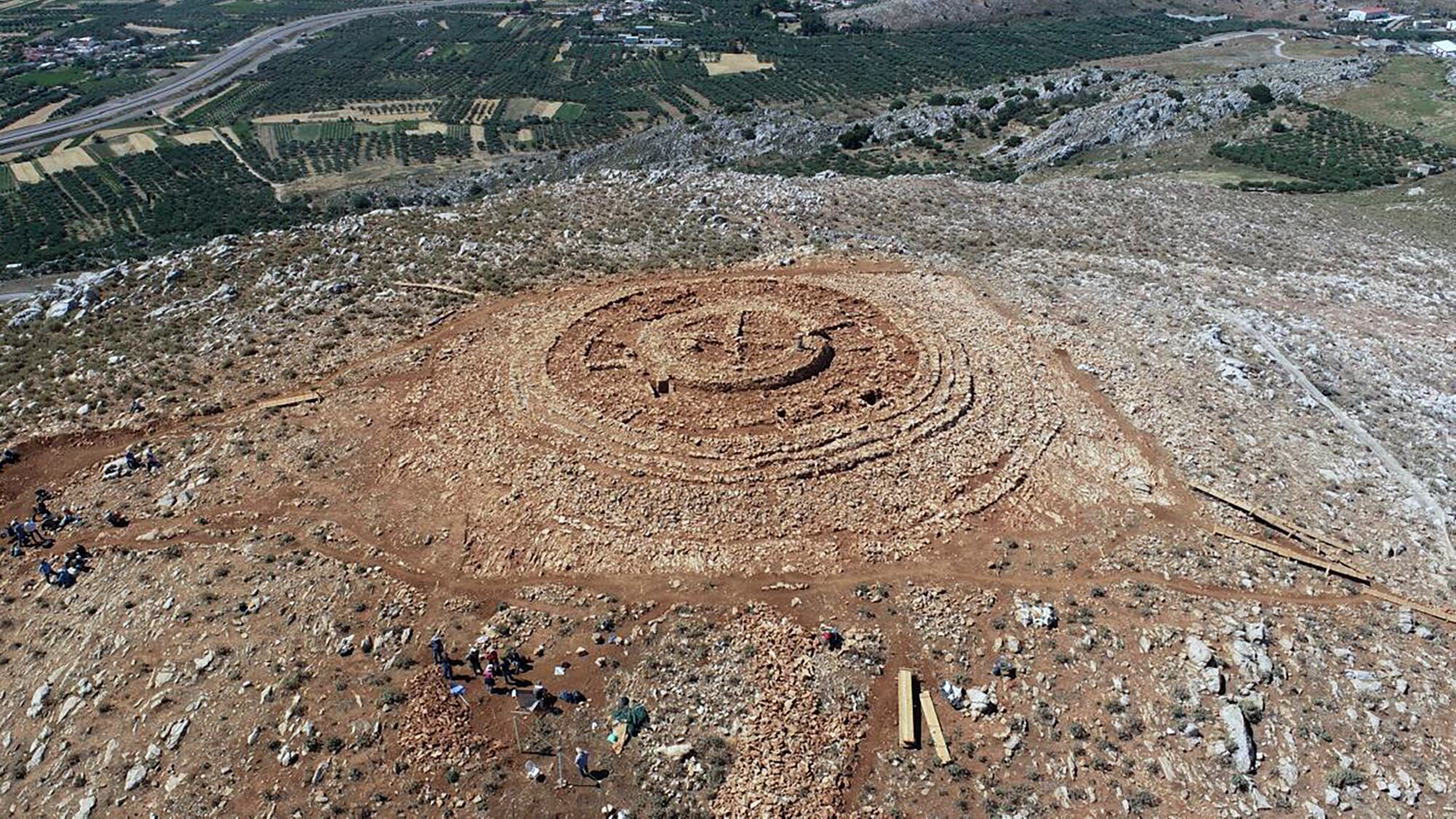 The ruins of a 4,000-year-old hilltop building newly discovered on the island of Crete are seen from above (Greek Culture Ministry via AP)