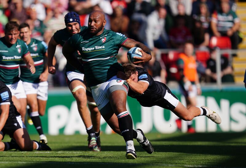 Leicester Tigers' Nemani Nadolo is tackled by Newcastle Falcons' Josh Barton during the Gallagher Premiership match at the Mattioli Woods Welford Road Stadium, Leicester. Picture date: Saturday September 17, 2022.