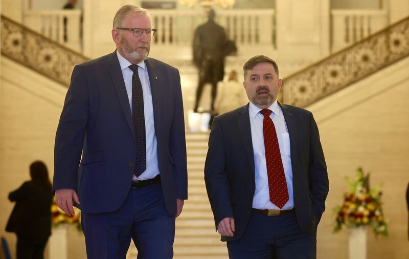 Robin Swann on his last day as Health Minister,  Pictured with UUP Leader Doug Beattie at Stormont on Tuesday.
PIC COLM LENAGHAN