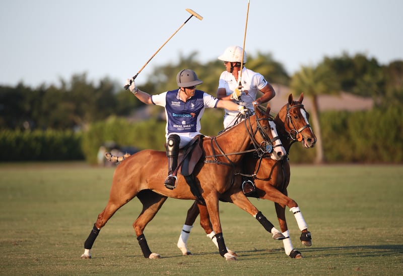 The Duke of Sussex playing in the polo match during the Royal Salute Polo Challenge