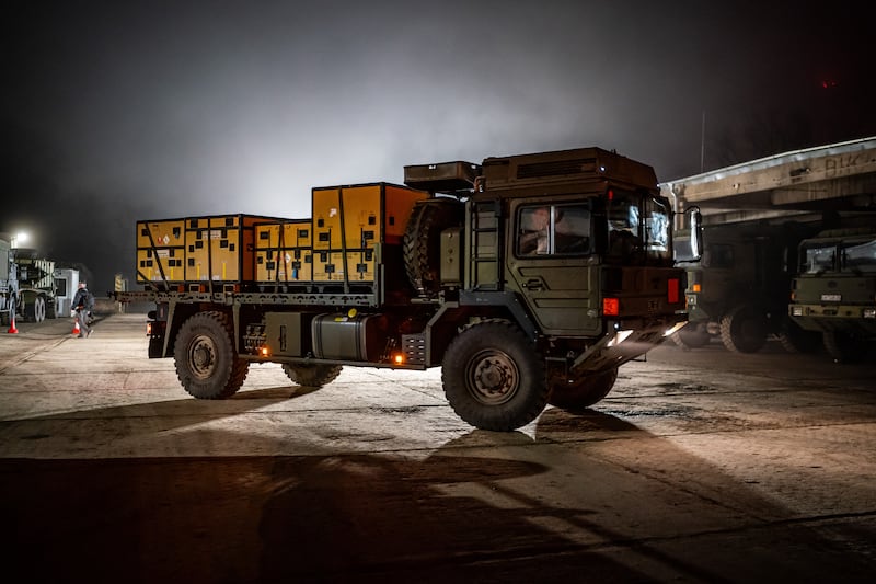 A British military vehicle arrives at a Hungarian military base at Szentes