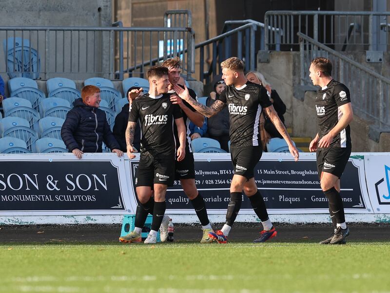 Coleriane Rhyss Campbell celebrates scoring the only goal of the game in Saturday's Sports Direct Premiership match between Ballymena and Coleraine at the Ballymena Showgrounds

Picture: Desmond Loughery/Pacemaker Press