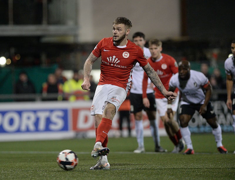 Larne's Andrew Ryan scoring his teams 1st goal during Tuesday nights Antrim Shield Final at the Seaview in Belfast