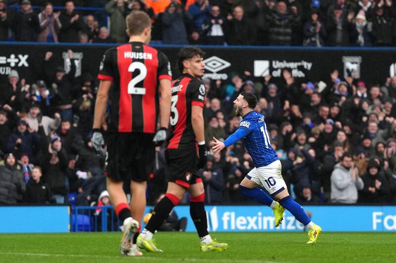 Conor Chaplin wheels away in celebration after putting Ipswich ahead