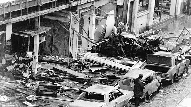 The aftermath of the Talbot Street bomb, showing where a car bomb was placed at the front of Guiney's stores