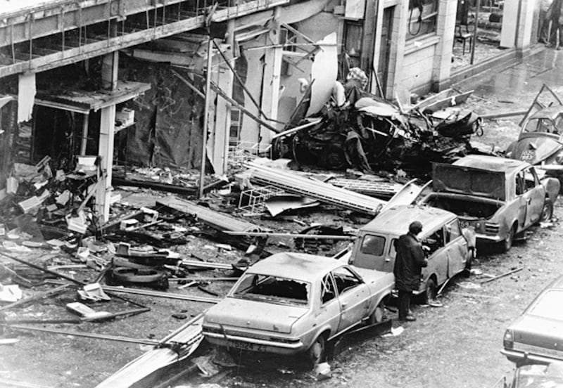 The aftermath of the Talbot Street bomb, showing where a car bomb was placed at the front of Guiney's stores