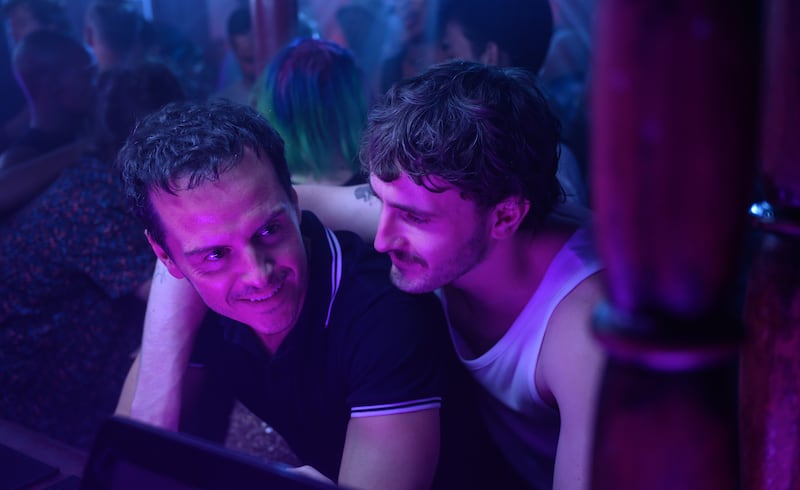 A scene from All of Us Strangers showing Andrew Scott as Adam and Paul Mescal as Harry