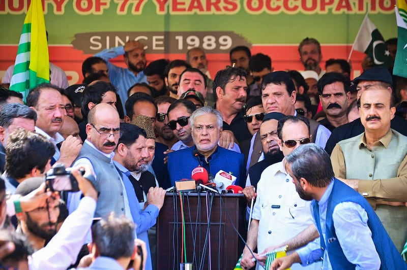 Deputy Prime Minister Ishaq Dar addressed crowds (Pakistan Foreign Ministry via AP)