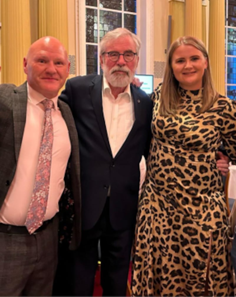 West Belfast MP Paul Maskey, Gerry Adams and MLA Aisling O'Reilly at the Glór na Móna celebration last Saturday