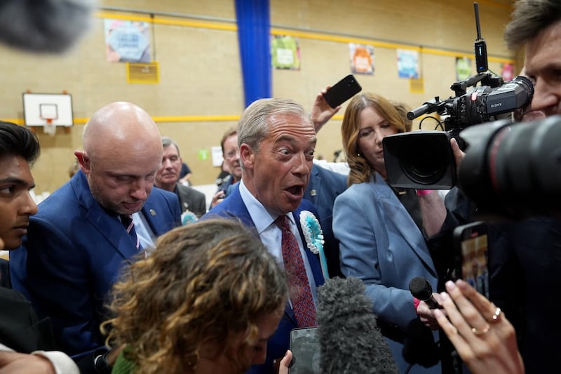 Reform UK leader Nigel Farage at Clacton Leisure Centre as he was declared the winner of the Clacton constituency