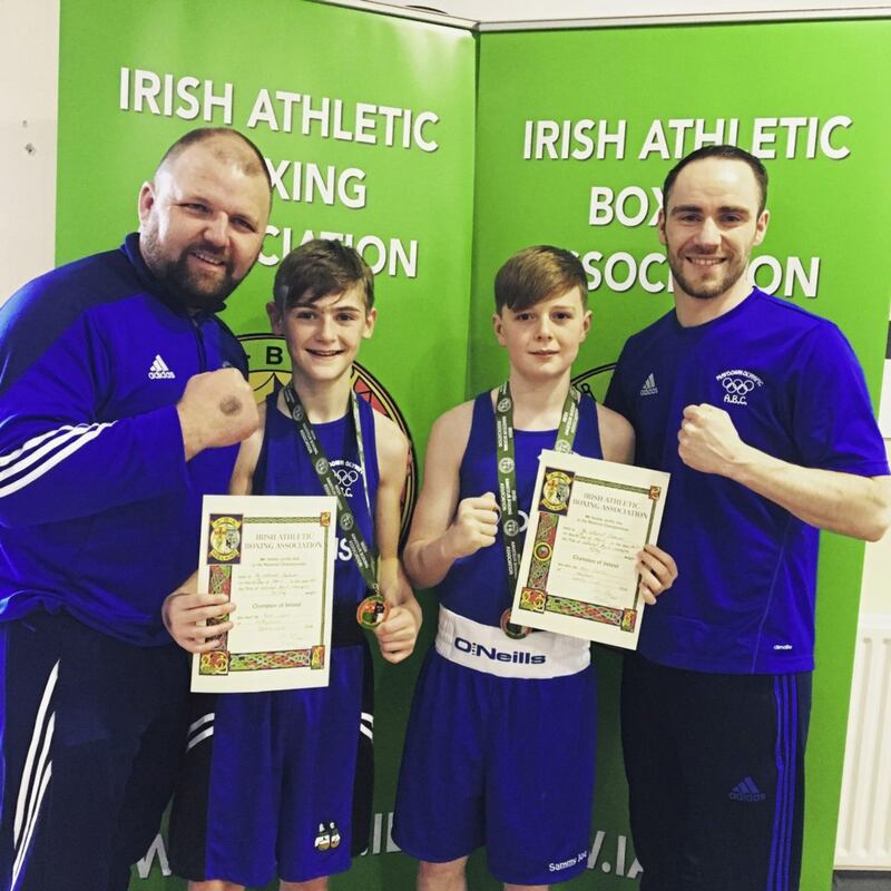 It was another successful weekend for Maydown Olympic ABC. Following on from the Ulsters the previous week, the Derry club landed two Irish titles at the national Boy 1, 2, 3 championships in Dublin. Ben Cooke (pictured left) beat Carson Hanlon from Mullingar in the Boy 2 38.5kg final, while &Ograve;ran Carton came up trumps in the Boy 2 43kg weight class. Also pictured are club coaches George Gormley and Sean Devenney. It is a huge achievement for the club which has only been opened for two years, with Cooke and Carton their first Irish champions. They now go on to the national cadet championships in June hoping for a repeat performance