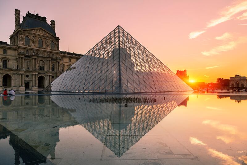 The Louvre pyramid at sunset