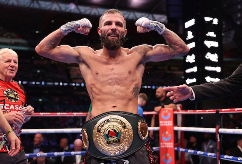 Anthony Cacace celebrates after he beat Josh Warrington to retain his IBO Super-Featherweight title. 
Picture By Mark Robinson Matchroom Boxing