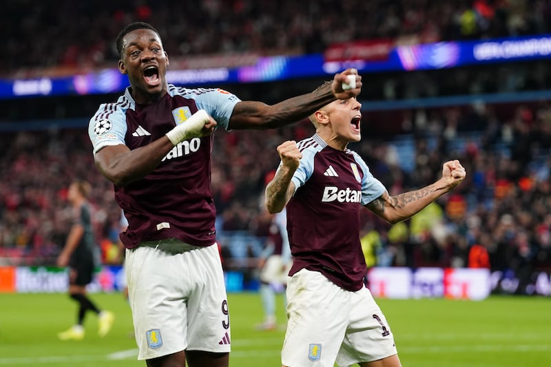 Villa’s Jhon Duran, left, and Lucas Digne celebrate their side’s win against Bayern Munich in October