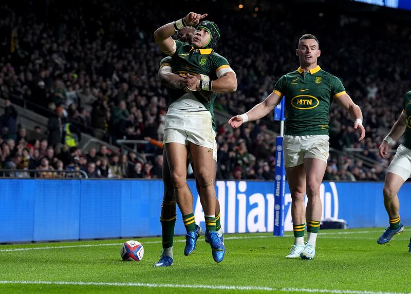 Cheslin Kolbe celebrates his second-half try