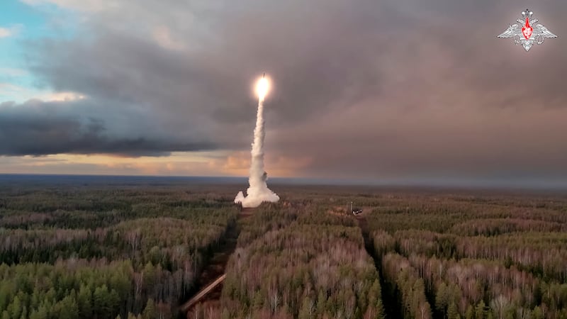 A Yars intercontinental ballistic missile being test-fired in northwestern Russia (Russian Defense Ministry Press Service via AP)