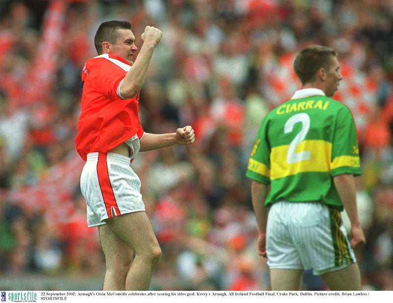 Oisin McConville celebrates his second-half goal in the 2002 All-Ireland SFC final against Kerry Picture by Sportsfile