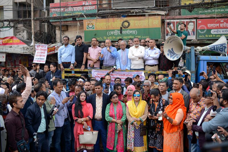 Supporters of Bangladesh’s former prime minister Khaleda Zia and her Bangladesh Nationalist Party participate in an anti-India protest in Dhaka (Mahmud Hossain Opu/AP)