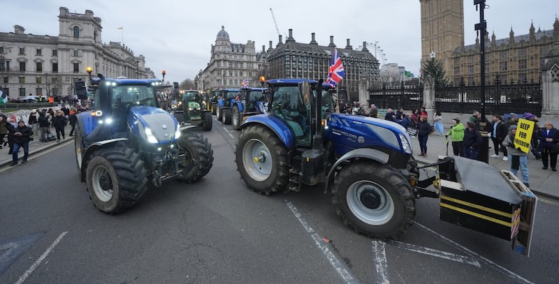 Tractors lined up outside the Houses of Parliament in Westminster as farmers protest the family farm tax. PICTURE: YUI MOK/PA