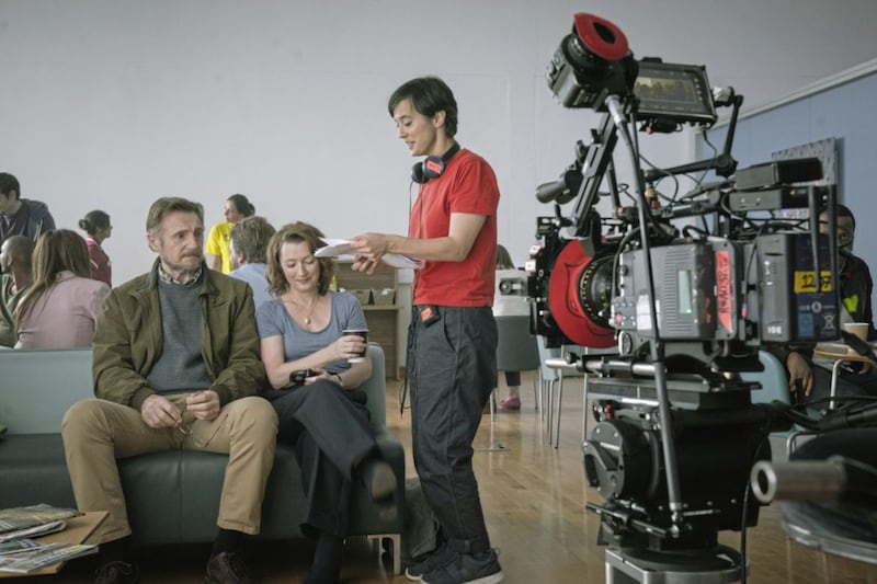 Liam Neeson and Lesley Manville with Lisa during shooting 