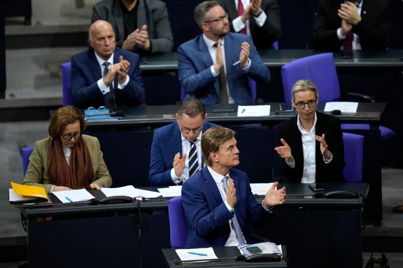 The managing director of the parliamentary group of Germany’s far-right Alternative for Germany Bernd Baumann and his party react after the vote in the Bundestag (Ebrahim Noroozi/AP)