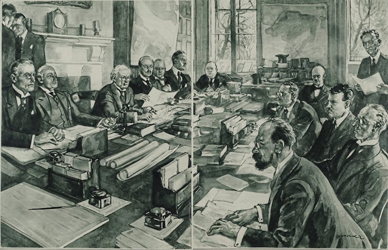 The artist at the Illustrated London News captured the British and Irish negotiation teams at work on the Anglo-Irish Treaty