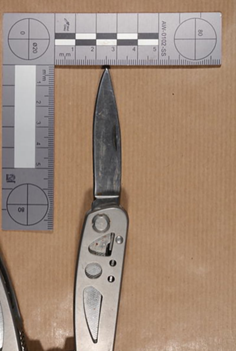 The knife which the teenager used to stab two teachers and a fellow pupil at Ysgol Dyffryn Aman, also known as Amman Valley School, in Ammanford, Carmarthenshire in April