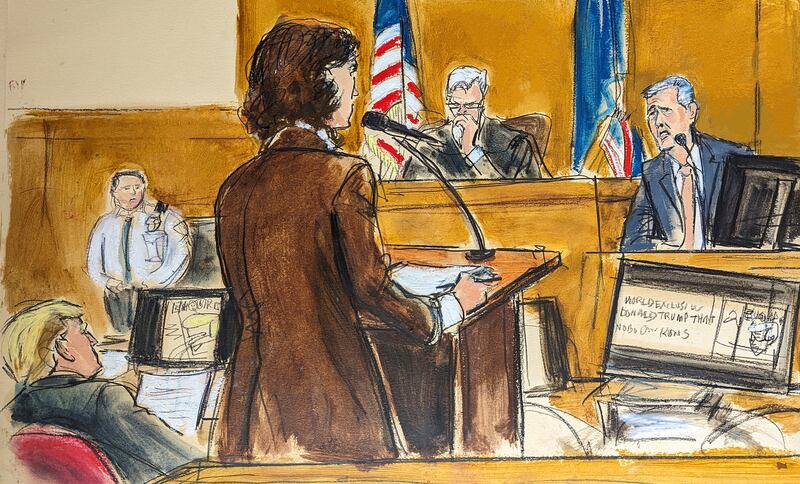Assistant lawyer Susan Hoffinger, centre, questions witness Michael Cohen, far right, as Donald Trump, far left, looks on in Manhattan criminal court (Elizabeth Williams/AP)