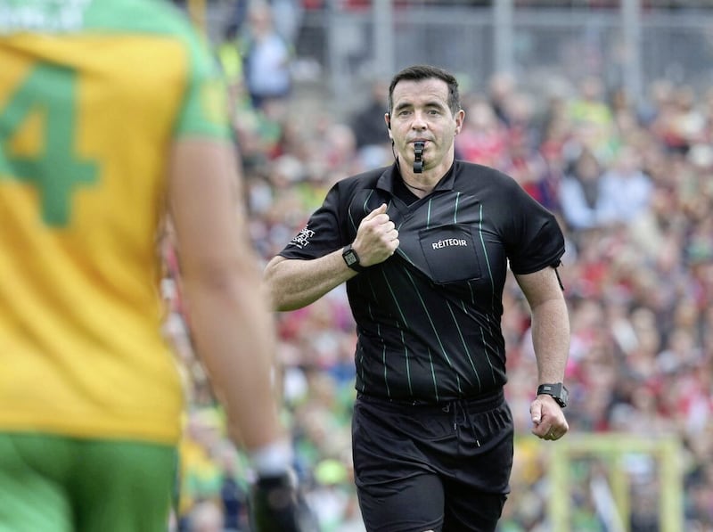 Referee Sean Hurson taking charge of Derry against Donegal during the Ulster Senior Football Championship Final at Clones on Sunday 29th May 2022. Picture Margaret McLaughlin 