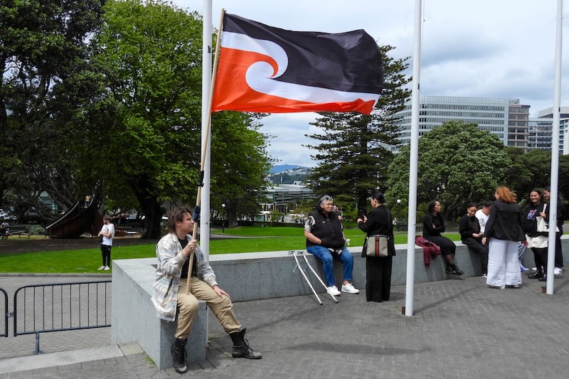 A protester against the Treaty Principles Bill sits outside parliament in Wellington, New Zealand (Charlotte Graham-McLay/AP)