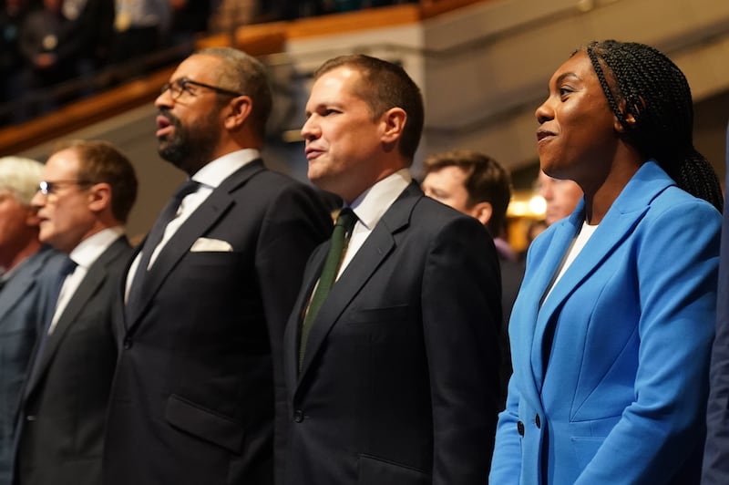 Tory leadership candidates, Tom Tugendhat, James Cleverly, Robert Jenrick and Kemi Badenoch at the party’s conference in Birmingham